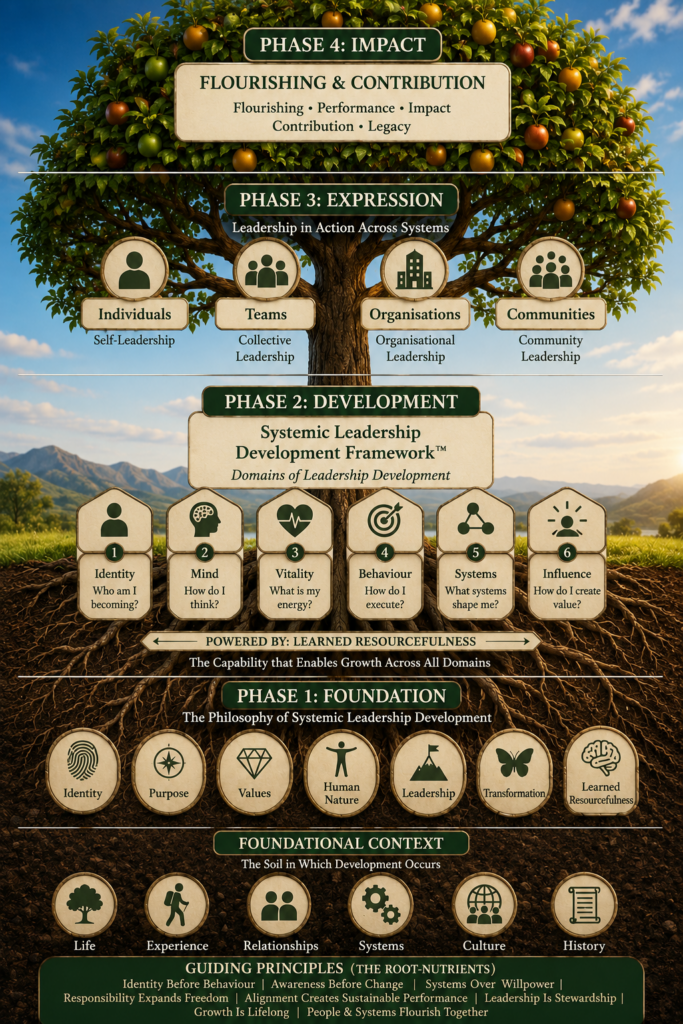 Systemic Leadership Development Framework showing context, philosophy, development, expression and impact